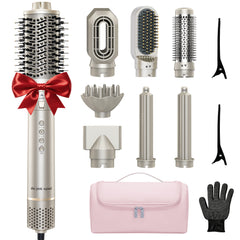 The Pink Squad 8-in-1 Dual Voltage Hair Dryer - Professional Blow Dryer Brush with Ionic Technology for Fast Drying, Comes with Straightener & Curler Attachments