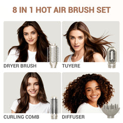 The Pink Squad 8-in-1 Dual Voltage Hair Dryer - Professional Blow Dryer Brush with Ionic Technology for Fast Drying, Comes with Straightener & Curler Attachments