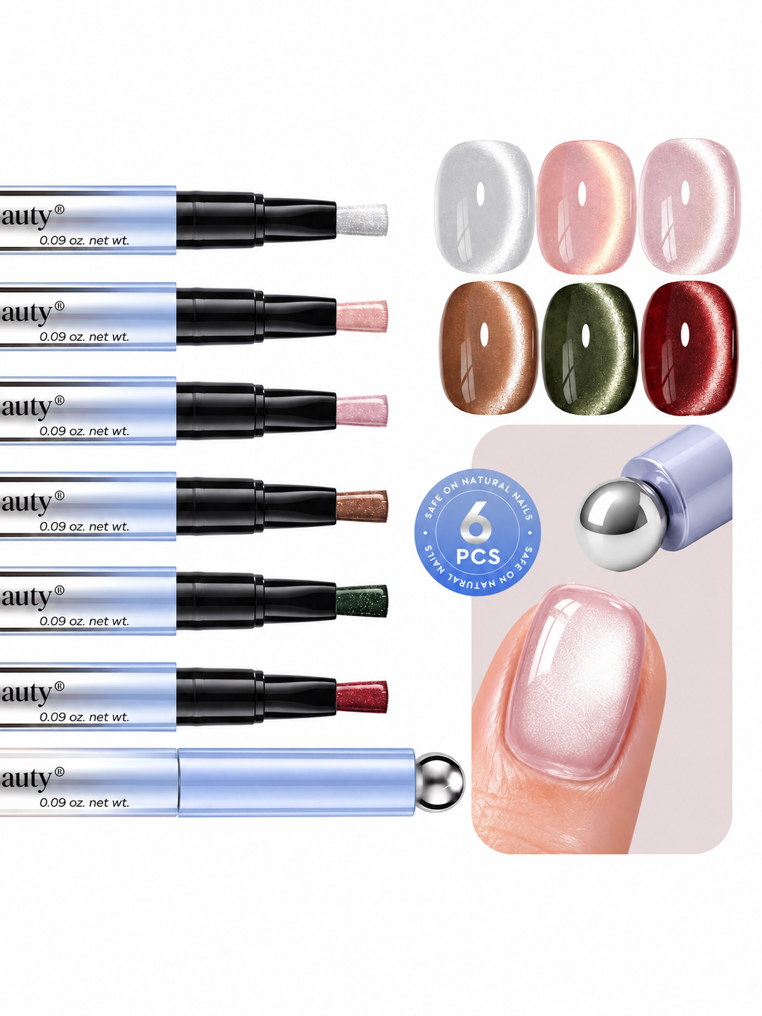 One Step Cat Eye Gel Nail Polish Pen Kit - 6 Colors