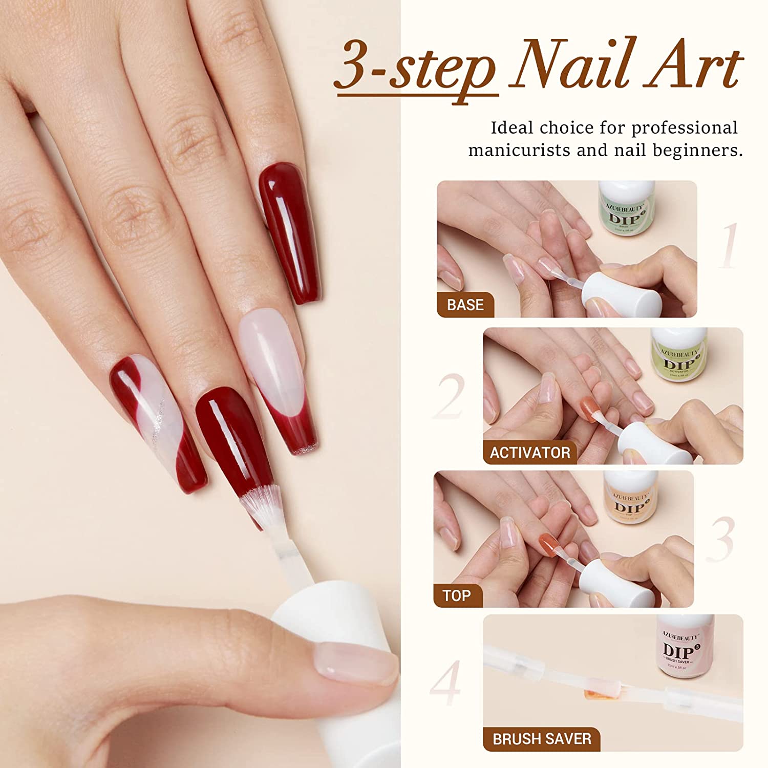 8Pcs Dip Powder Liquid Kit 15ml with Base/Top Coat, Activator, Brush Saver, Nail File