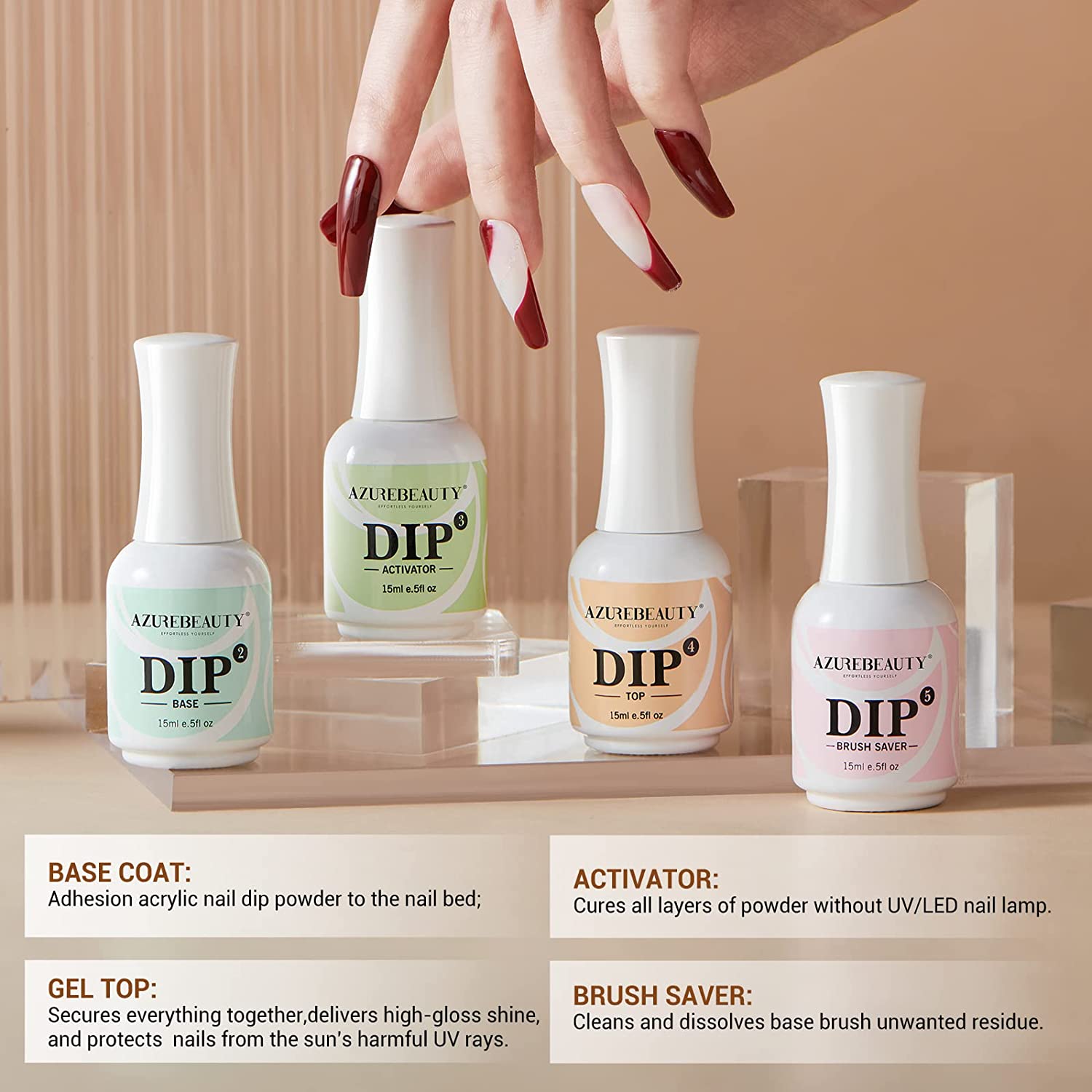 8Pcs Dip Powder Liquid Kit 15ml with Base/Top Coat, Activator, Brush Saver, Nail File